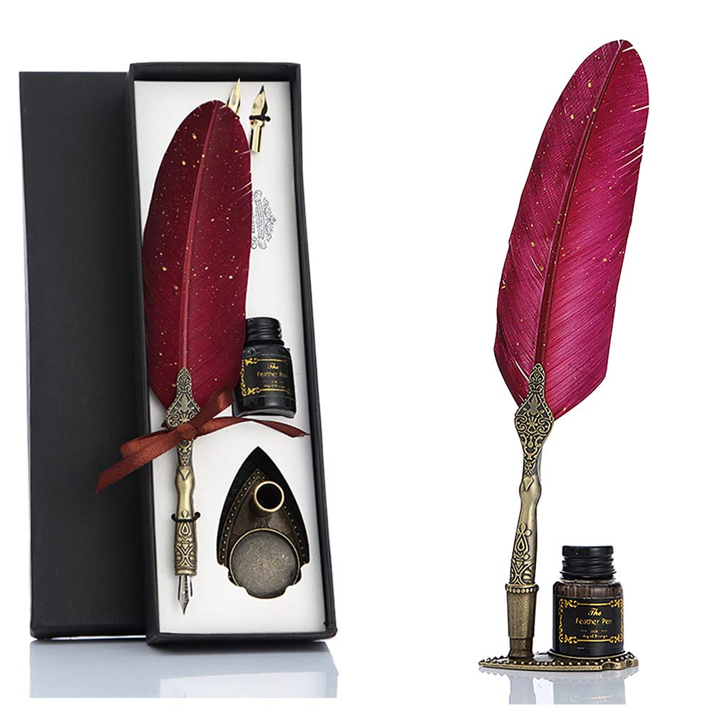 Vangoal Vintage Carving Feather Pen Set, Glittering Quill Pen Set Antique Calligraphy Writing Dip Pen With Ink, 2 Replacement Ni