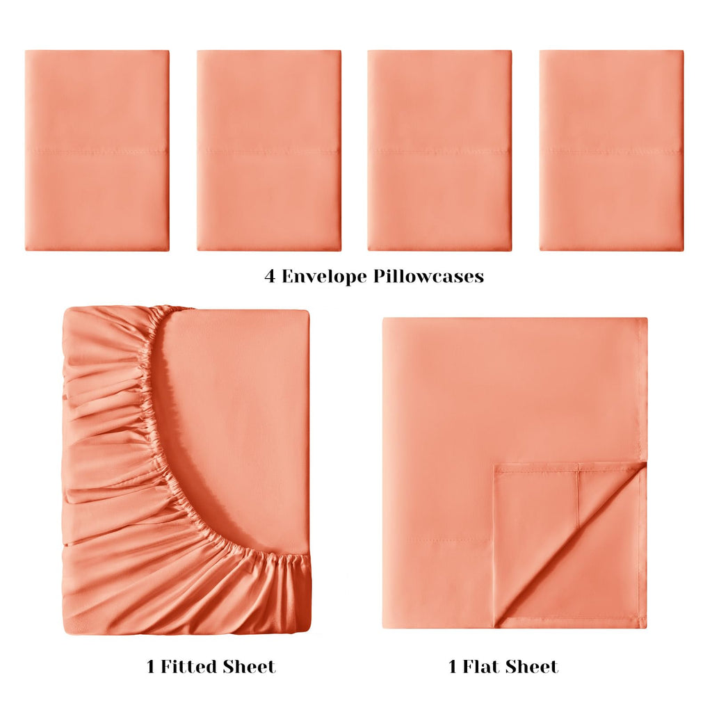 Bysure 6 Pieces Bed Sheets Set(Queen, Coral) - Super Soft 1800 Thread Count 100% Microfiber Sheets With Deep Pockets, Wrinkle &