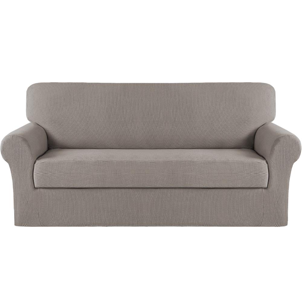 Turquoize Stretch Sofa Slipcover 2 Pieces Sofa Cover Couch Cover For 3 Cushion Couch Washable Furniture Protector Covers With Elastic Bottom Feature Thick Jacquard Fabric (Sofa, Taupe)