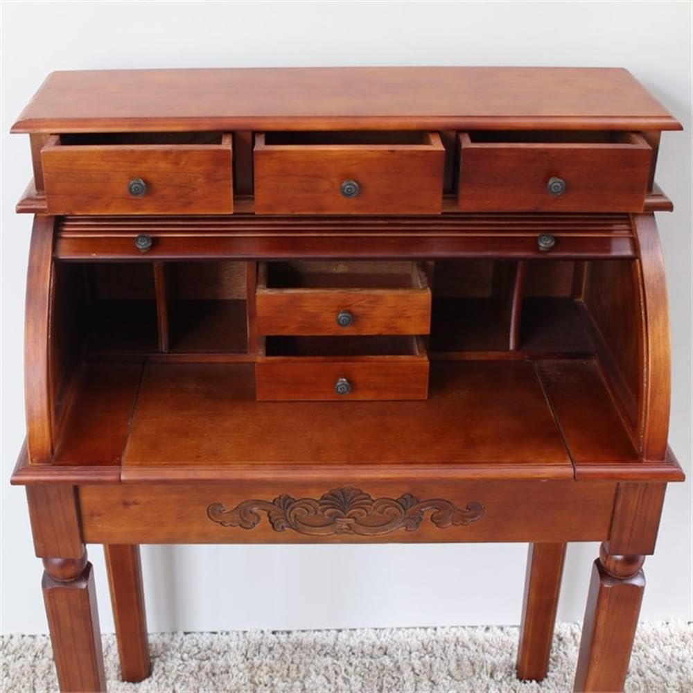 International Caravan Carved Wood Roll Top Desk, Walnut Effect, 31" L x 17" W x 42" H, Model 3820-IC