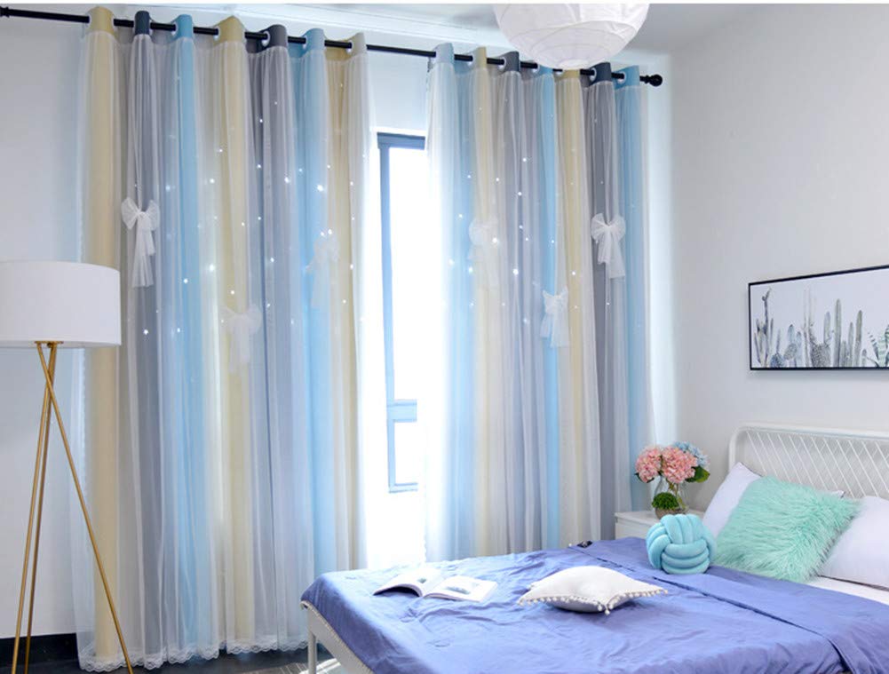 Yancorp Curtains For Girls Bedroom Kids Curtain Hollow-Out Star Window Drapes Curtain 63 Inches Length Room Darkening Grommet 2 Layers,1 Panel (Gray Blue, W52 X L63)