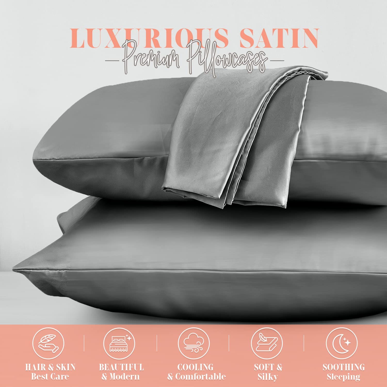 Elegant Comfort Silky And Luxurious 2-Piece Satin Pillowcase Set For Healthier Skin And Hair, Hidden Zipper Closure And Beautifully Packaged, Satin Pillowcase Set, Standard/Queen, Gray