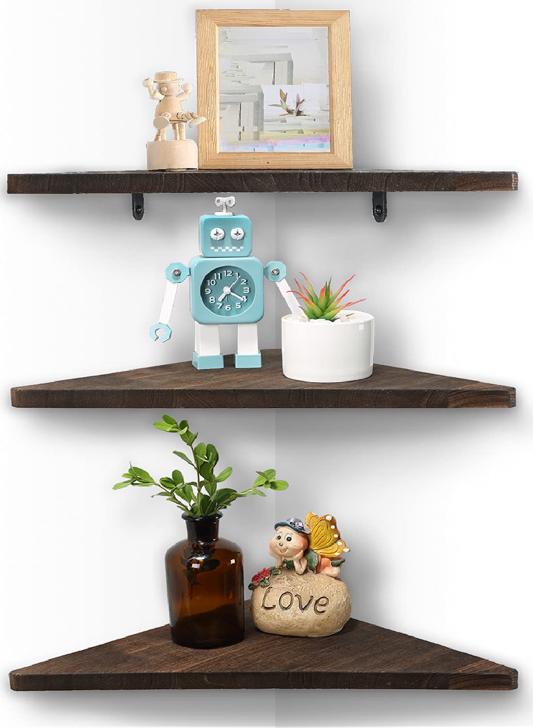 Joiishom Corner Wall Shelf Set of 3, Floating Corner Shelves for Wall, Rustic Wood Wall Storage Display Shelves for Living Room 