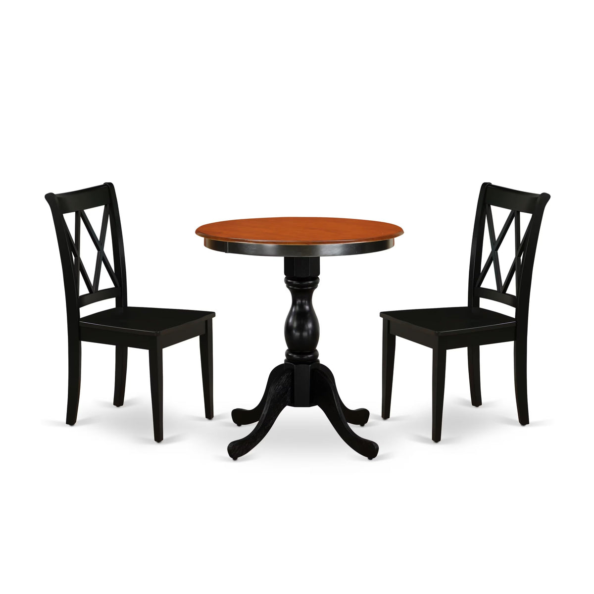 East West Furniture Escl3-Bch-W 3 Piece Kitchen Table & Chairs Set Contains A Round Dining Table With Pedestal And 2 Dining Room Chairs, 30X30 Inch, Black & Cherry