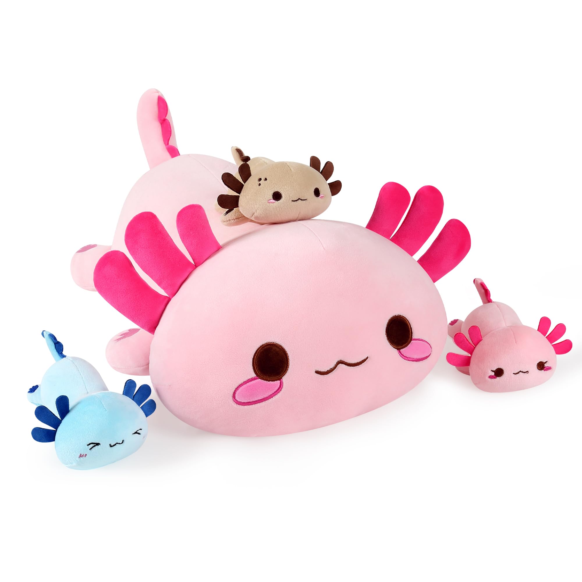 Onsoyours Axolotl Stuffed Animal Mommy 19.7' with 3 Baby Axolotl Plushies in Tummy, 4 Piece of Cute Axolotl Plush Pillow Toys f