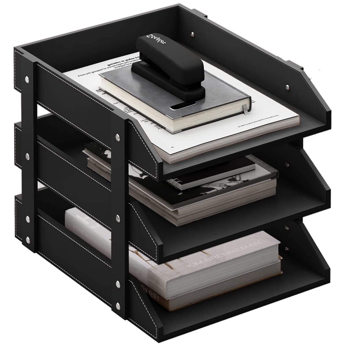 Leather Desk Organizer, Thipoten 3-Tier Stackable Letter Tray Holder For Office Supplies, Paper, File, Magazine, Perfect Office