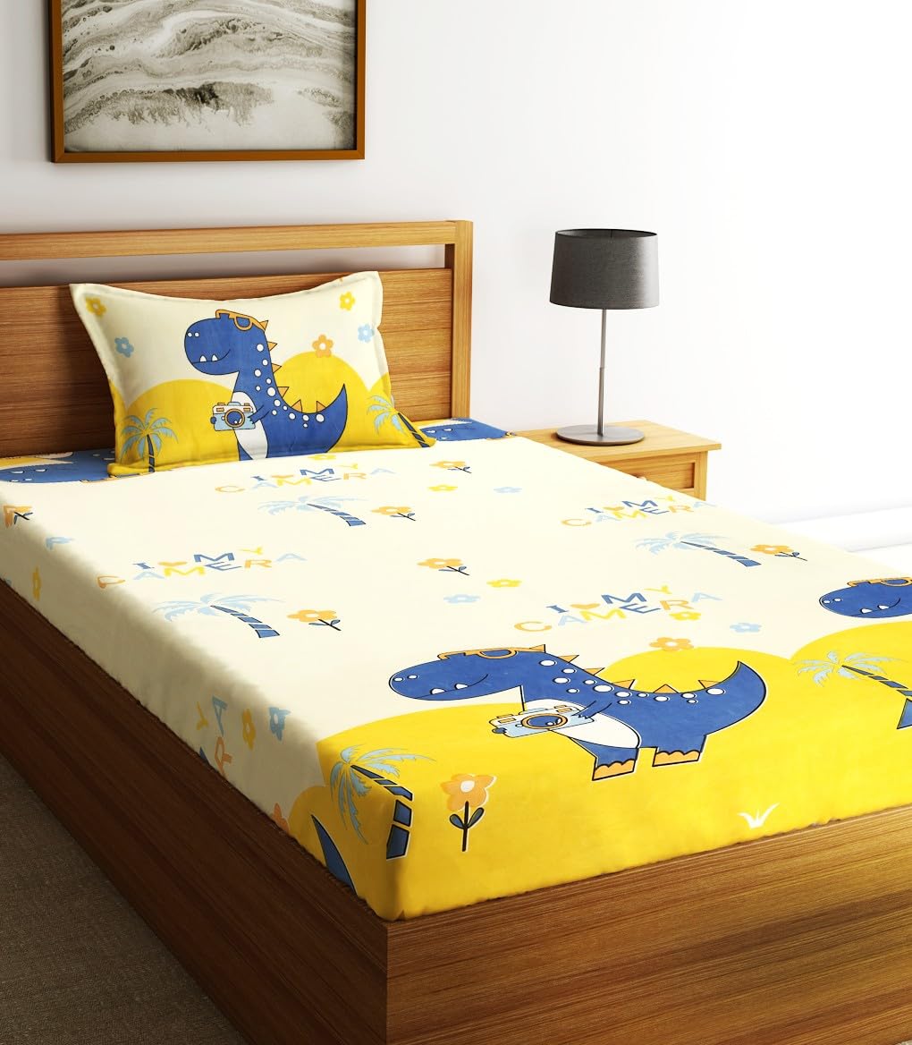 Home Sizzler 210Tc Microfibre Playful Dinosaur Single Bedsheet With 1 Pillow Cover