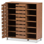Baxton Studio Eloise Modern & Contemporary Beech Wood 2 Door Shoe Cabinet with Open Shelves, Walnut