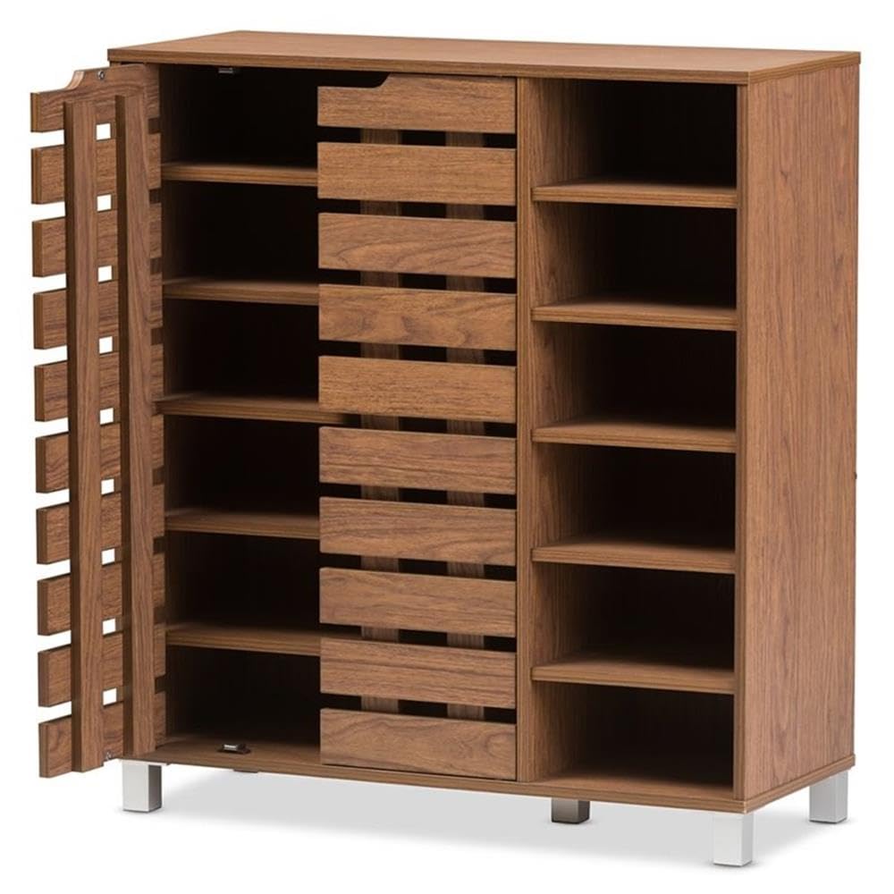 Baxton Studio Eloise Modern & Contemporary Beech Wood 2 Door Shoe Cabinet with Open Shelves, Walnut