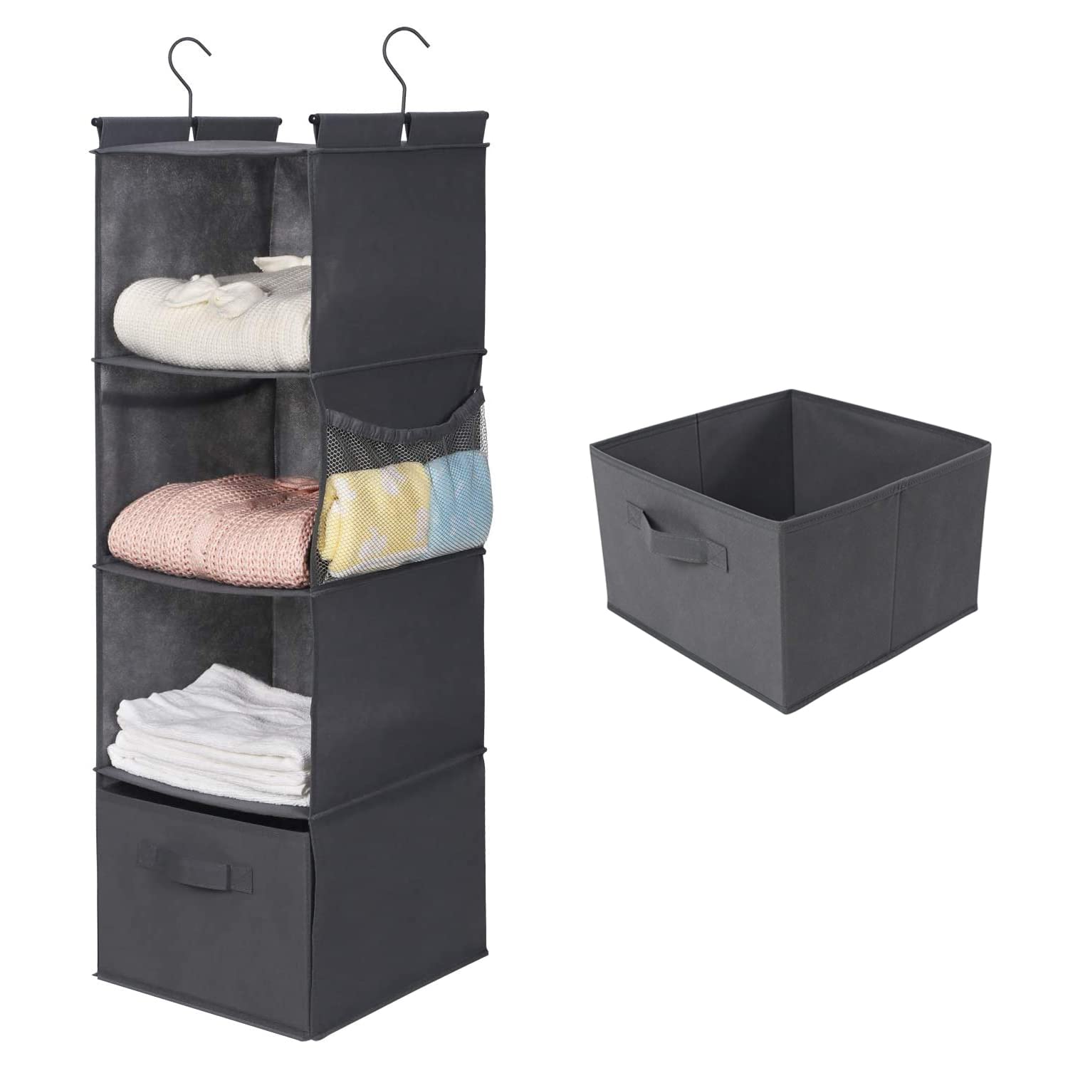 MAX Houser 4-Shelf Hanging Closet Organizer, Space Saver, Cloth Hanging Shelves with 2 Side Pockets, Foldable (Grey)