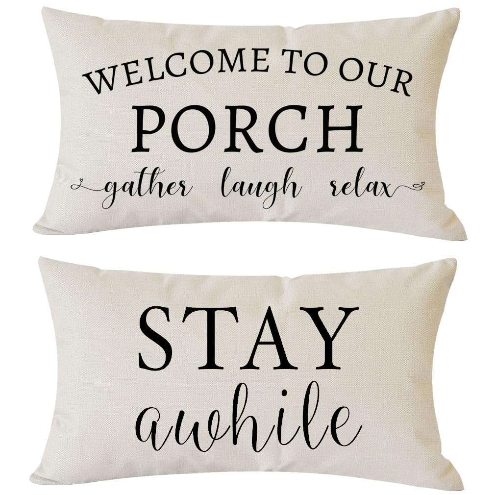Pandicorn Welcome To Our Porch Stay Awhile Farmhouse Throw Pillow Covers 12X20 Set Of 2 For Outdoor Porch Decor Lumbar Pillow De