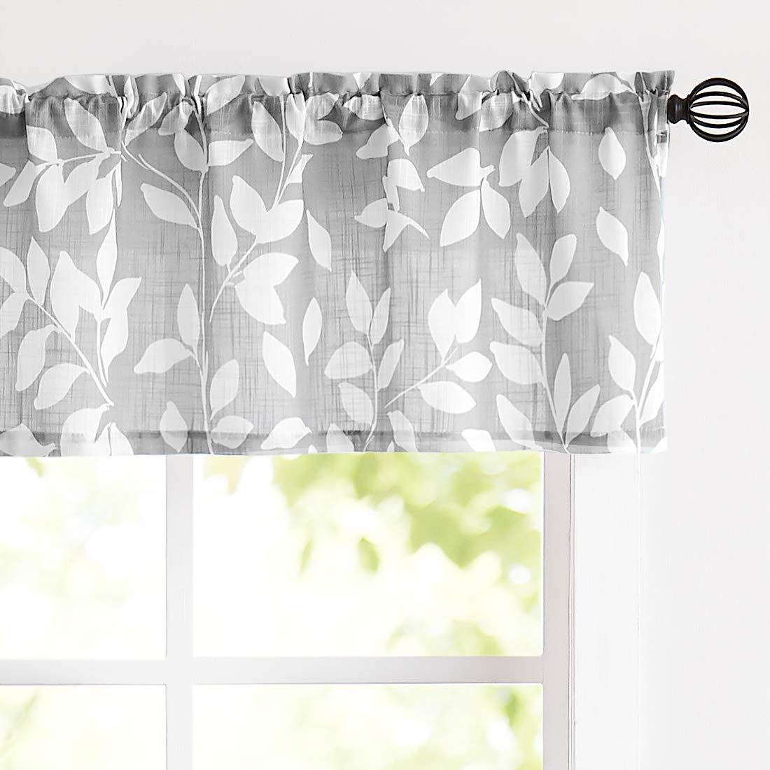 Treatmentex Grey Valance Curtain for Windows Leaf Print White Window Valances 52 by 15 Long 1 Panel