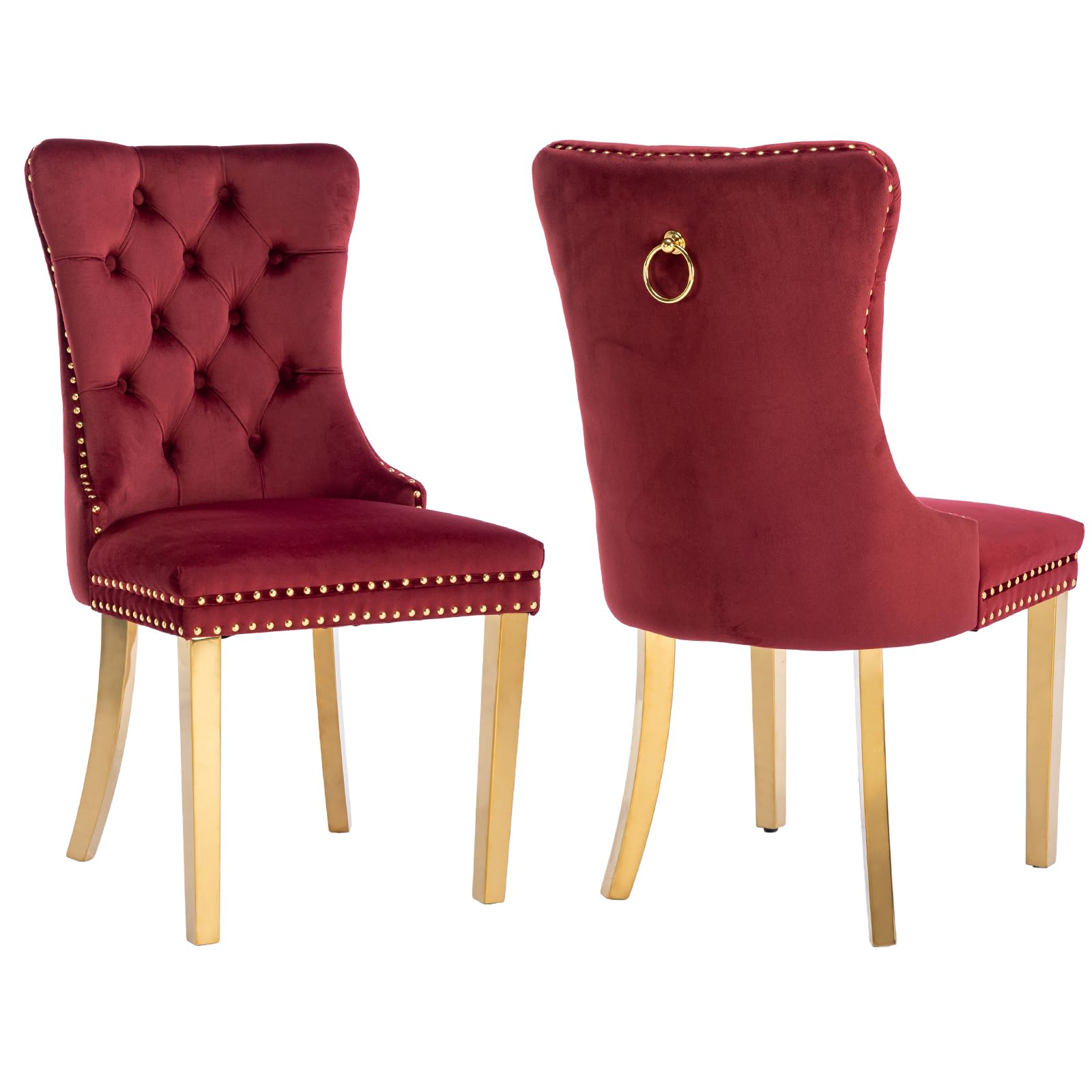 Velvet Dining Chairs Set Of 2, Kitchen Chairs Set Of 2, Tufted Upholstered Dining Room Chair, Back Ring Pull Trim, Golden Stainl