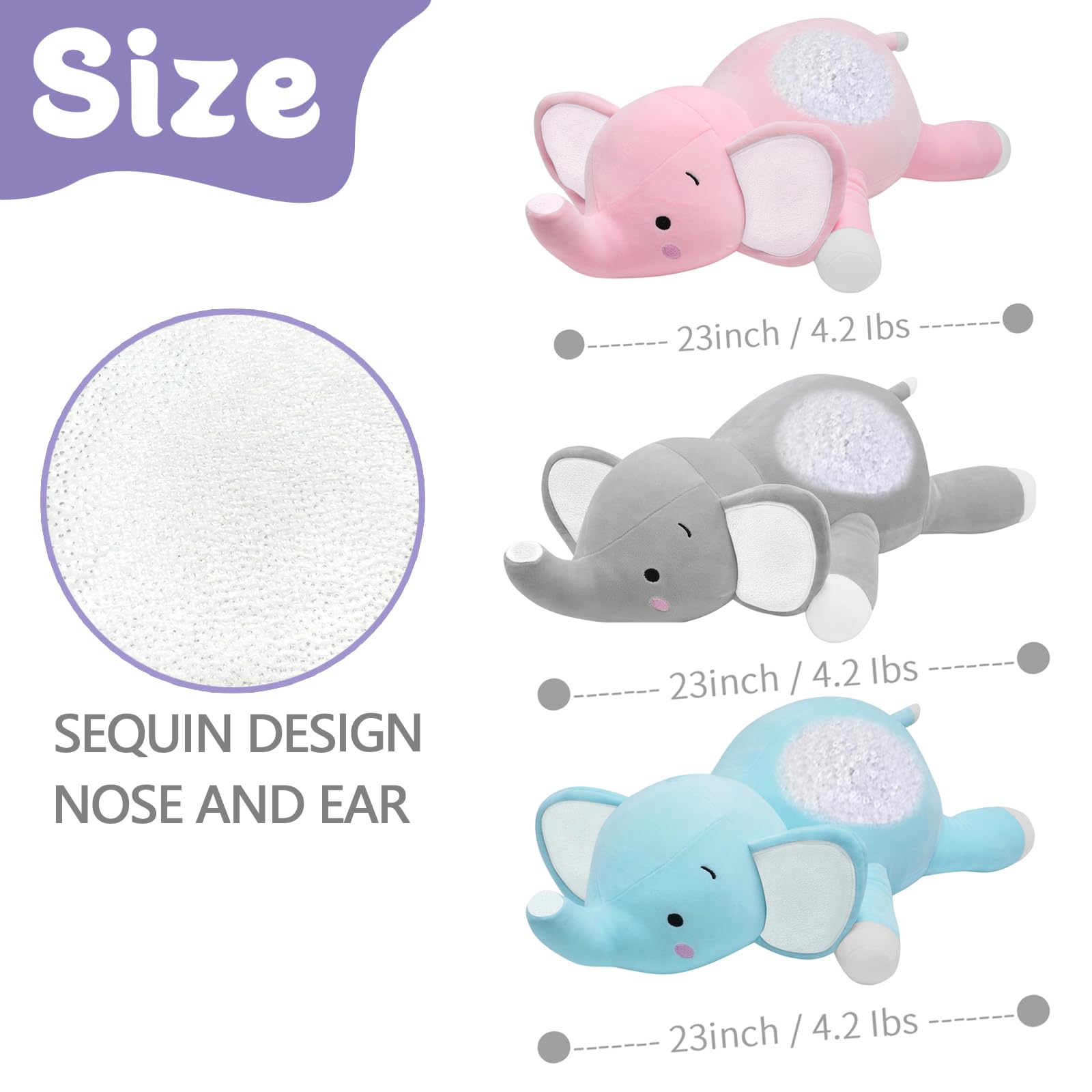 CSVBTRF Weighted Stuffed Elephant Plush Hugging Pillow, 4.2 lbs, 23", Grey Polyester