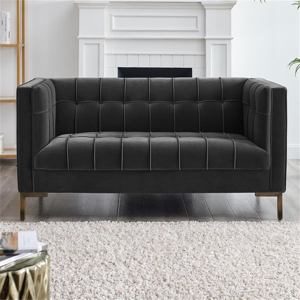 Steve Silver Furniture Isaac Gray Velvet Loveseat, Luxe Mid Century Modern Design w/Brass Legs and Channel Stitching, Living Room, Sofa, Apartmnet, 33" D x 57.5" W x 32.25" H, Moonlight Grey