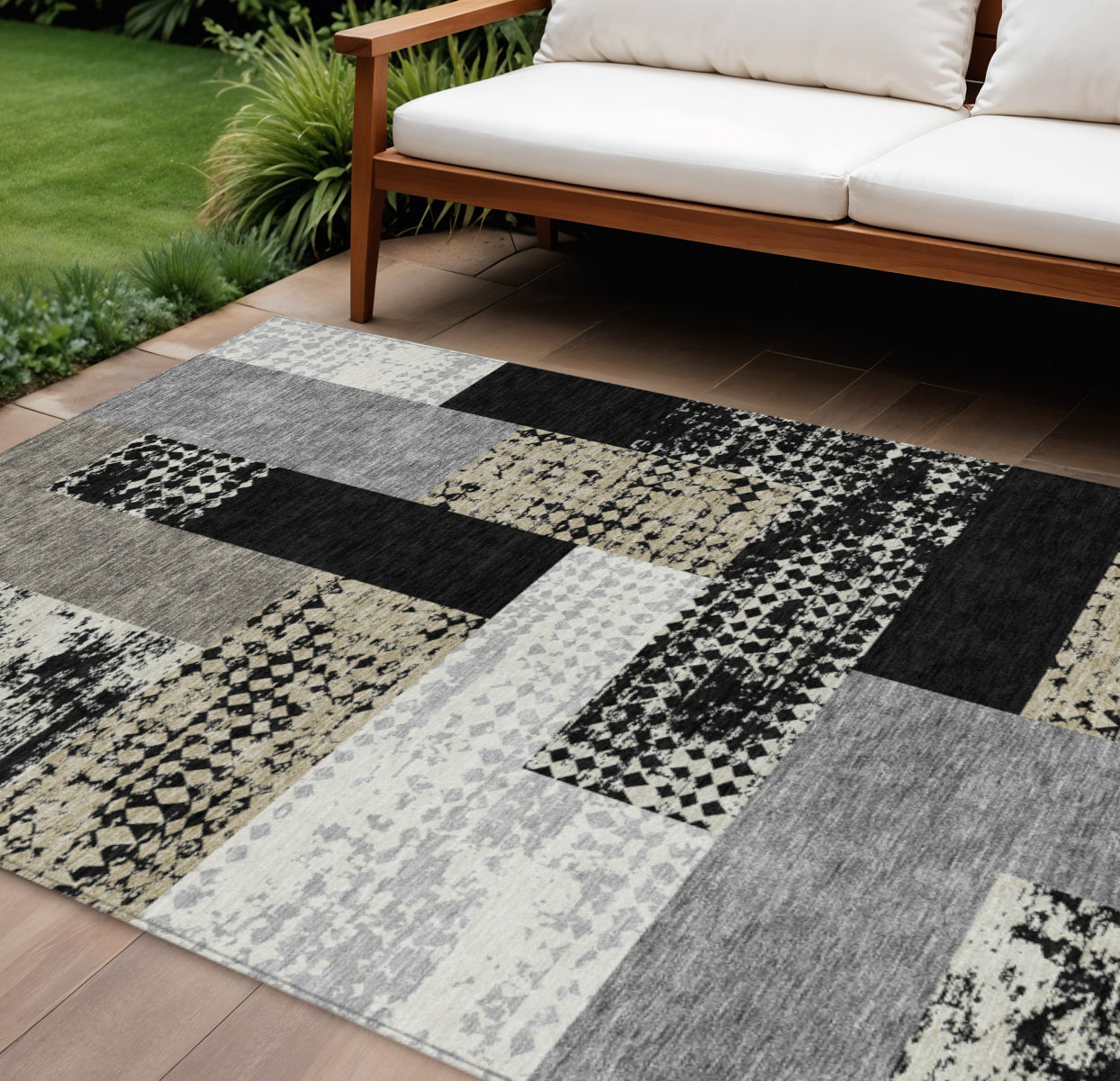 9' X 12' Black Taupe And Ivory Geometric Washable Indoor Outdoor Area Rug