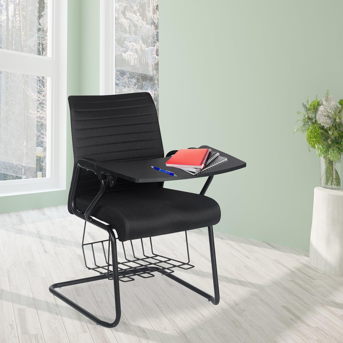 Nilkamal Thames Training Fabric Chair With Writing Shelf | Cushioned Seat And Metal Base | For Home, Office, Desk, Study | Black
