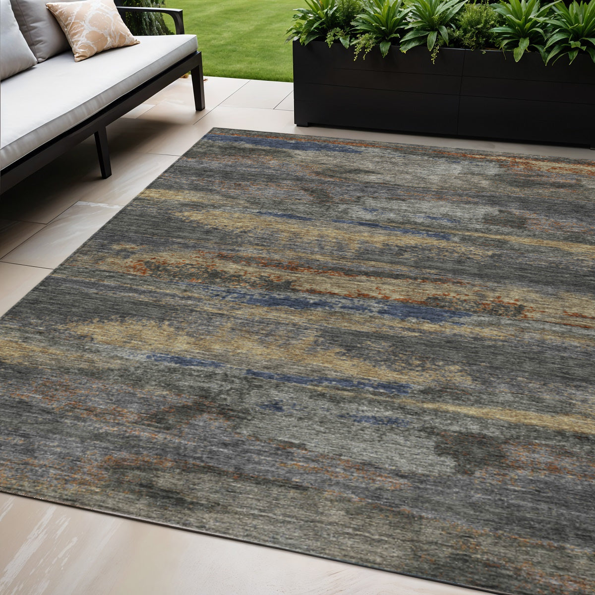 5' X 8' Graphite And Gray Abstract Washable Indoor Outdoor Area Rug