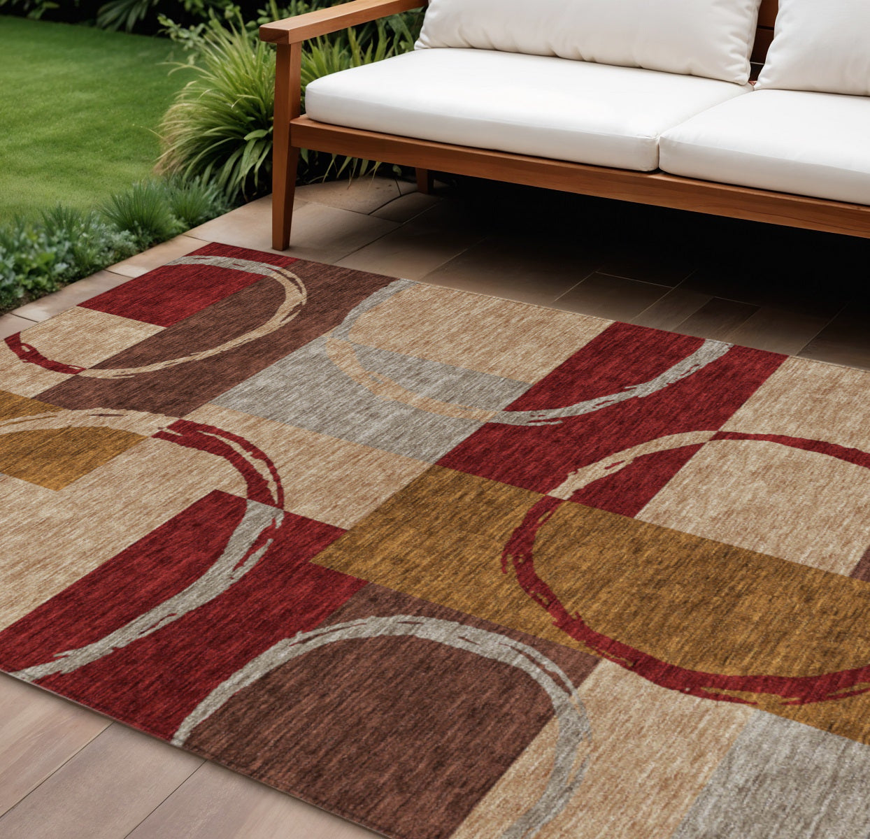 10' X 14' Wheat And Burgundy Geometric Washable Indoor Outdoor Area Rug