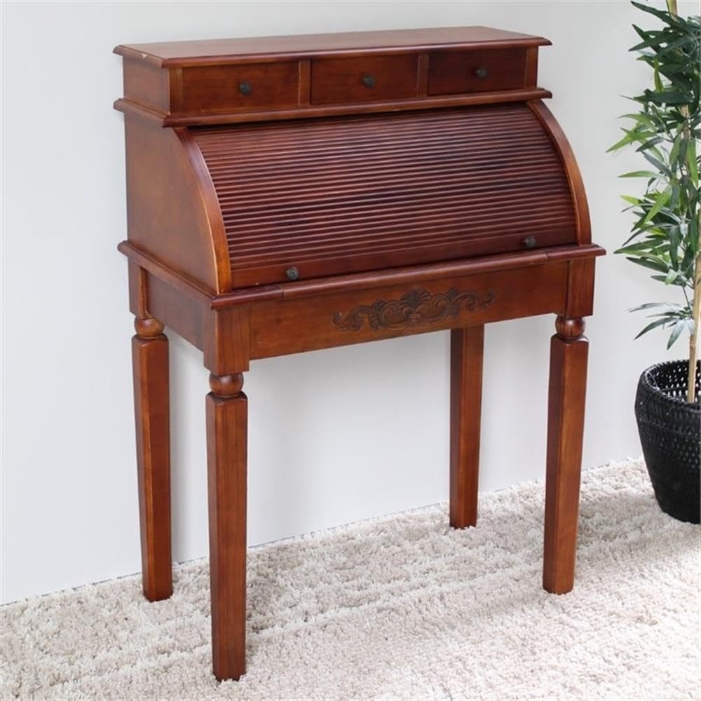 International Caravan Carved Wood Roll Top Desk, Walnut Effect, 31" L x 17" W x 42" H, Model 3820-IC