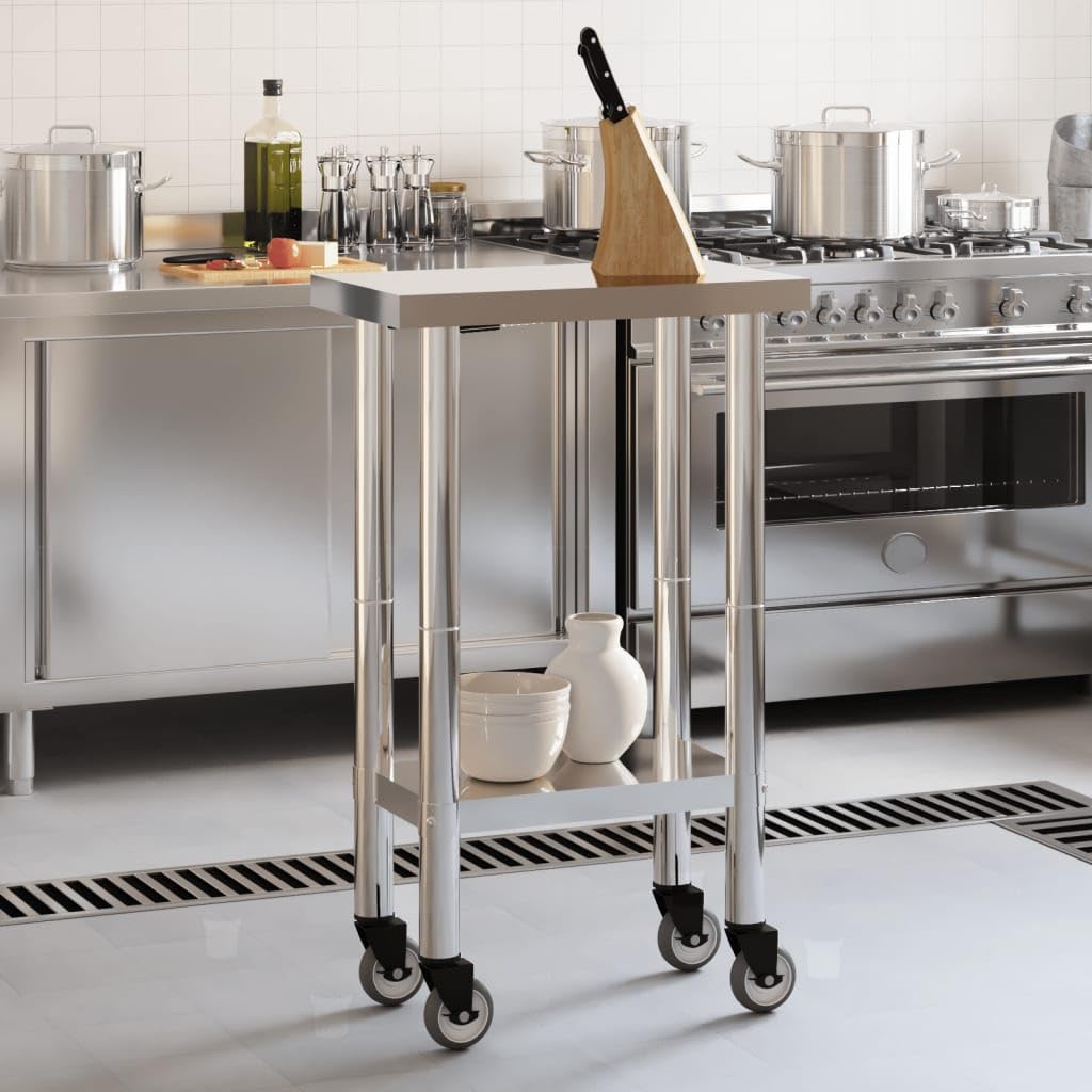 vidaXL Stainless Steel Kitchen Work Table on Wheels - 21.7"x11.8"x33.5" | Mobile Prep Station for Restaurants, Bars, Homes
