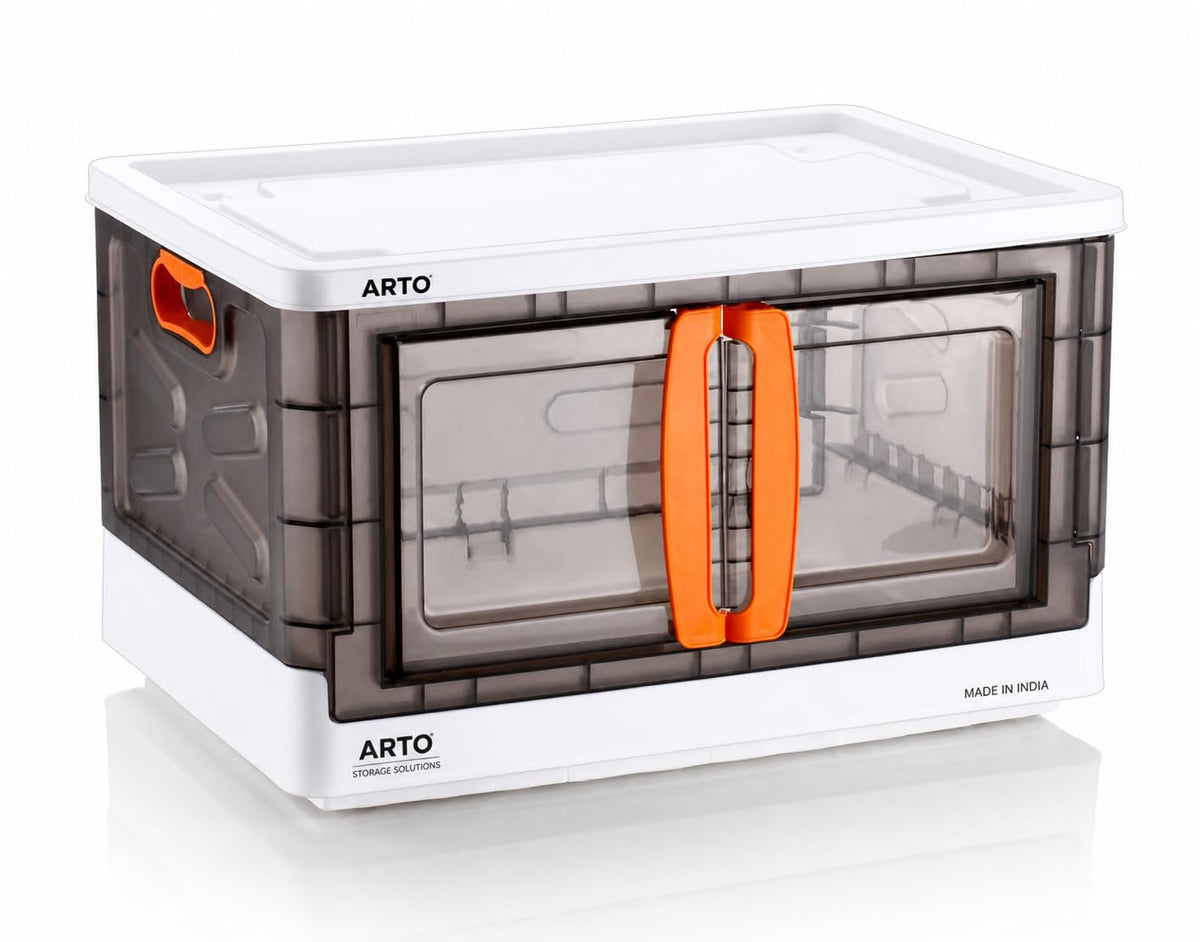 Arto 70L Foldable Plastic Storage Box with Lid, Large Stackable Kitchen Organizer Bin Front Opening Door, Wardrobe Cabinet Conta