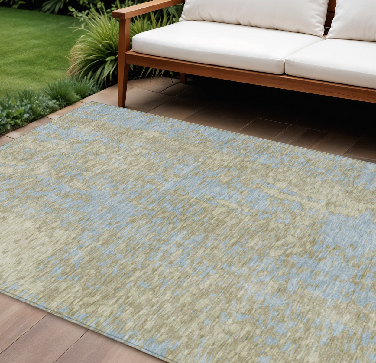 8' X 10' Beige And Blue Abstract Washable Indoor Outdoor Area Rug