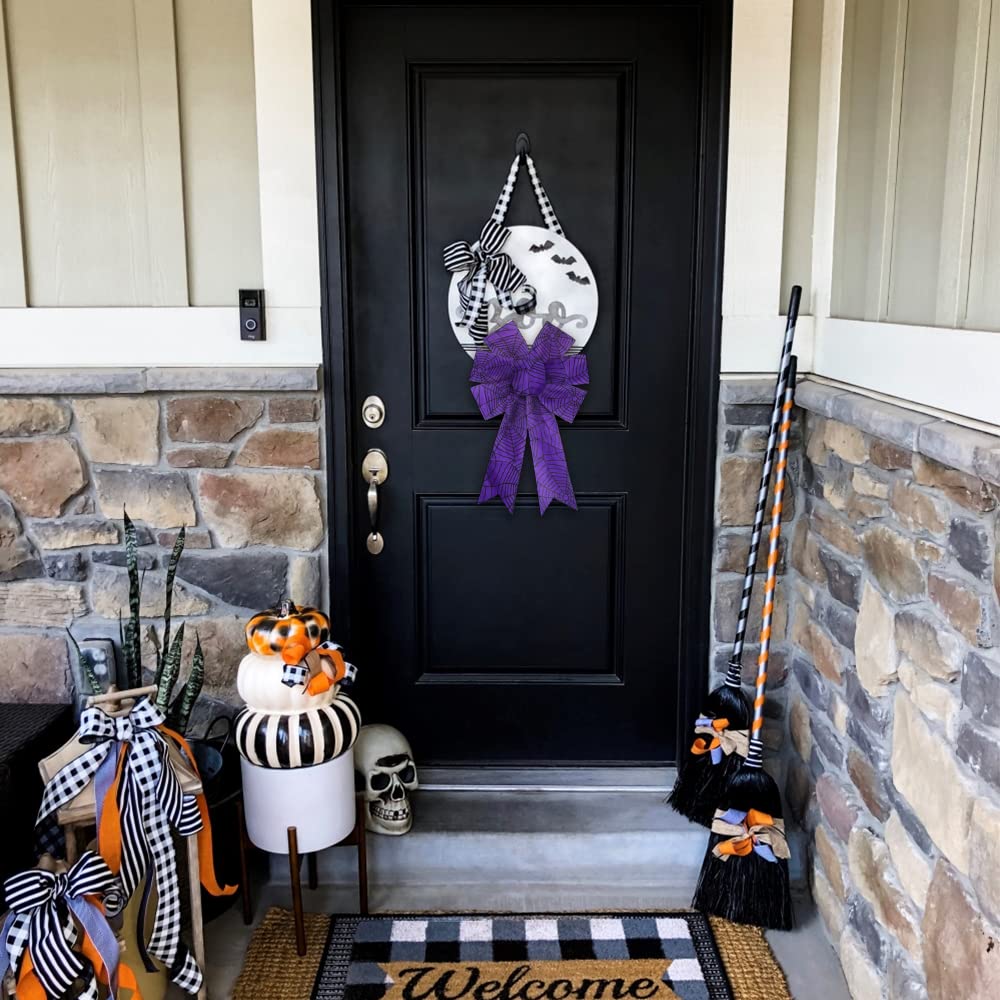 2Pcs Halloween Wreath Bows Halloween Decor Bows Purple Spider Web Strips Burlap Linen Bows For Wreath, Halloween Fabric Ribbon B