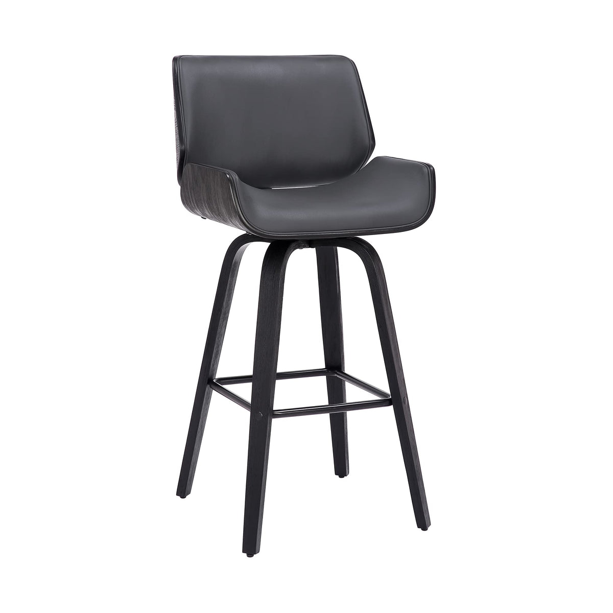 Armen Living Tyler Mid Century Modern Swivel Bar Stool For Kitchen Island Counter In Gray Faux Leather And Black Wood, 30' Seat Height