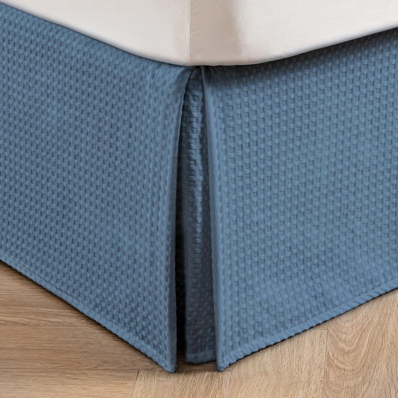 Miye Pleated Waffle Weave Bed Skirt, Tailored Dust Ruffle 12 Inch Drop Easy Fit, Machine Washable (Blue, Queen - 12'' Drop)