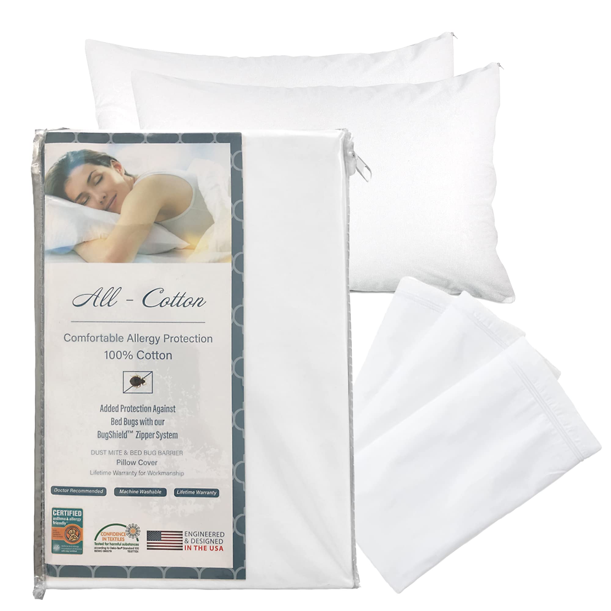 National Allergy Premium 100% Cotton Zippered Pillow Protector - King Size - White - 4 Pack - 300 Thread Count - Hypoallergenic