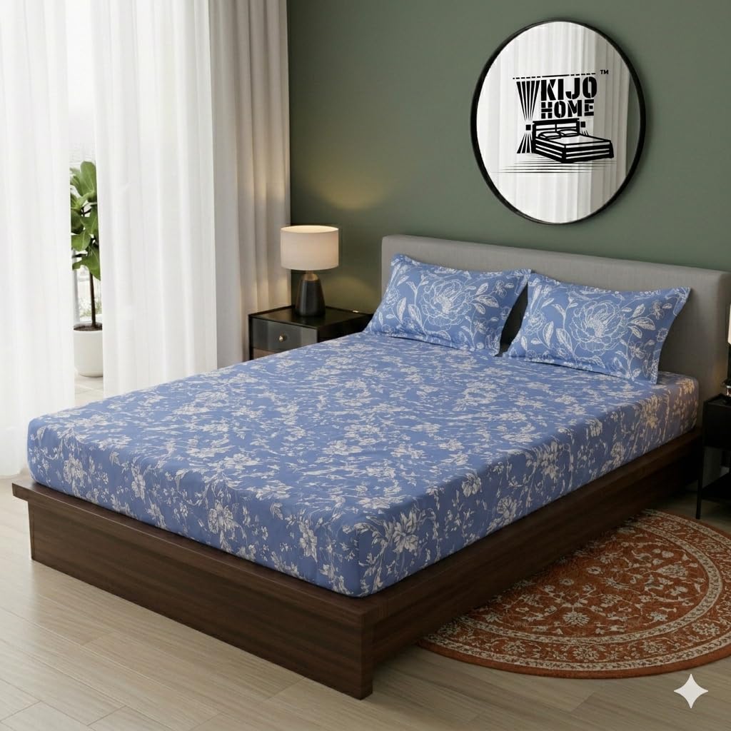 KIJO Home 400 TC Supersoft Cotton Feel Glace Cotton Elastic Fitted Printed Queen Size Double Bed Bedsheet wih 2 Pillow Cover 90 