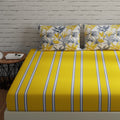 Huesland By Ahmedabad Cotton 144 Tc King Size Bedsheet Pure Cotton With 2 Pillow Covers | 108X108 Inch | Stripes & Flamingos Yel
