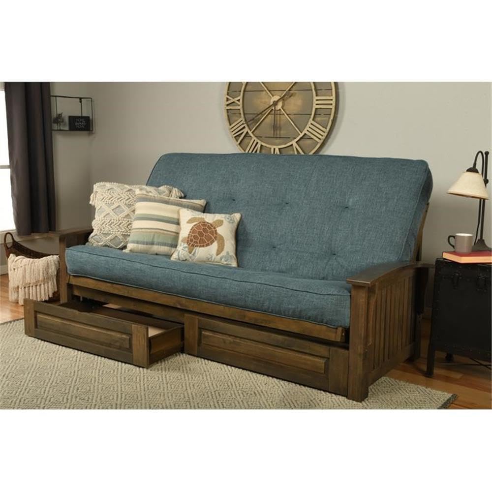 Kodiak Furniture Washington Queen Size Futon Frame with Storage Drawers - Wood Futon Frame with Mattress Included in Aqua Blue Color