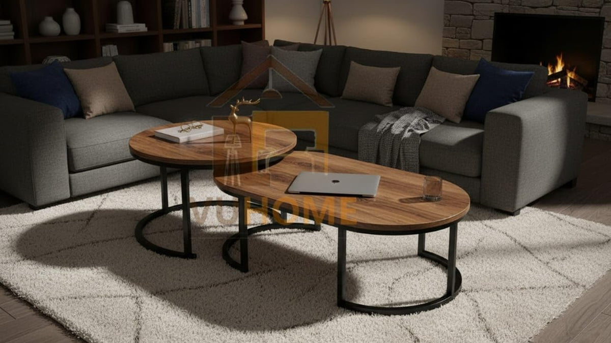 Vuhome Modern Oval Nesting Coffee Tables Set Of 2 With Walnut Wood Mdf Top | Black Metal Frame | Round & Oval Centre Side Tables