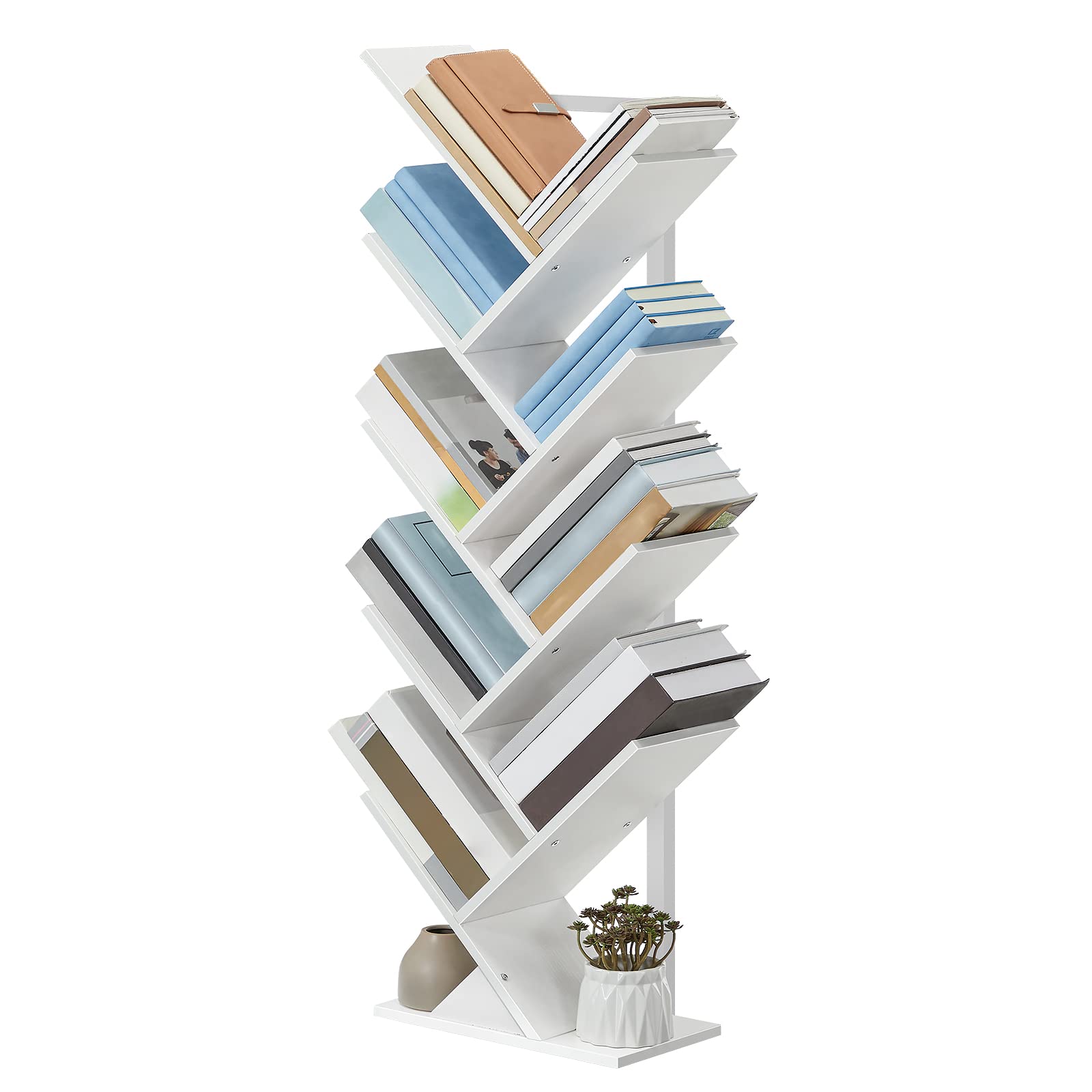 Hoobro Tree Bookshelf, 9-Tier Bookcase Wooden Shelves, Floor Standing Storage Rack, For Display Of Cds, Books In Living Room, Home Office, Wood Storage Rack For Bedroom, White Wt08Sj01G1