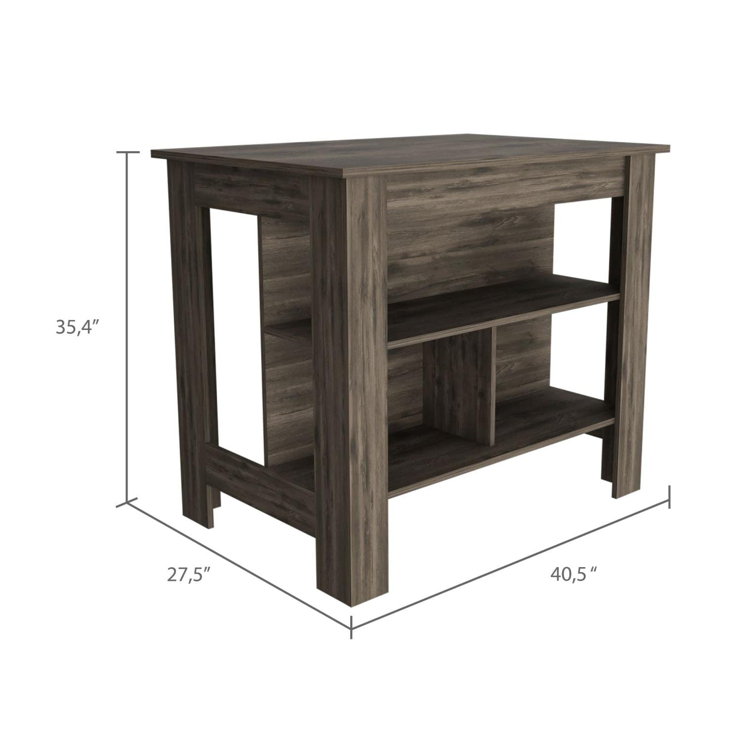 Kitchen Island, Kitchen Table 35" H, 4 Legs, 3 Open Storage Shelves, Dark Brown