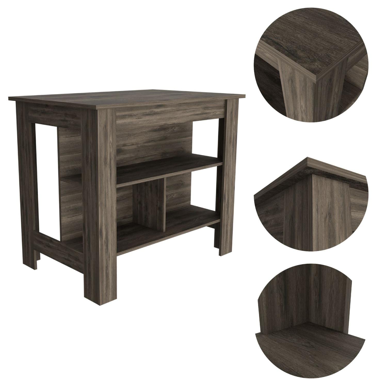 Kitchen Island, Kitchen Table 35" H, 4 Legs, 3 Open Storage Shelves, Dark Brown