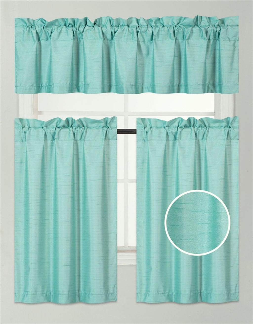 3Pc Set Solid Faux Silk Lined Blackout Rod Pocket Small Kitchen Window Curtain With Valance (K3) (Mint Green)