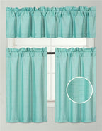 3Pc Set Solid Faux Silk Lined Blackout Rod Pocket Small Kitchen Window Curtain With Valance (K3) (Mint Green)