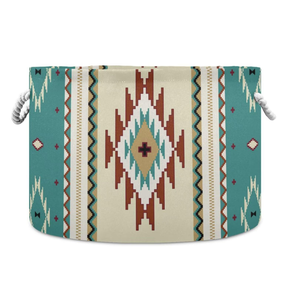 LEANSHSA Teal Ethnic Aztec Collapsible Round Storage Basket with Handles