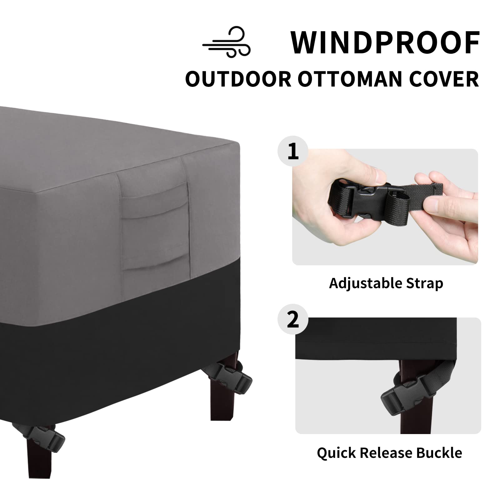 Easy-Going Outdoor Ottoman Cover, Waterproof Patio Ottoman Cover, Heavy Duty Outdoor Furniture Cover With Padded Handles (34'X24'X17', Gray/Black)