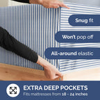 Extra Deep Pocket Split King Sheets - 5 Piece Breathable & Cooling Bed Sheets - Hotel Luxury Bed Sheet Set - Soft, Wrinkle Free & Comfy - Easily Fits Extra Deep Mattresses - Blue Striped Sheets Set
