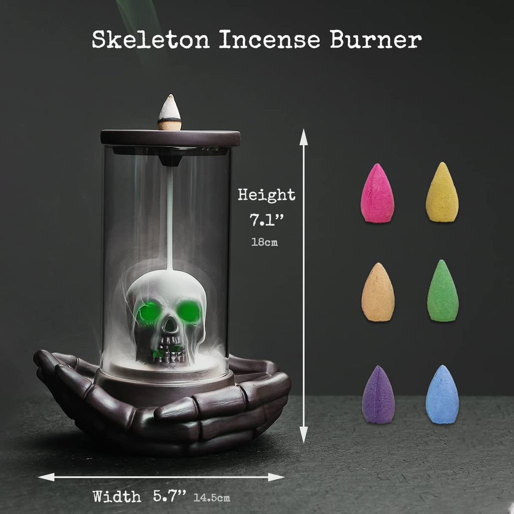 Haiswonsa Skull Incense Burner Holder - Backflow Waterfall , Led Ceramic Unique Skeleton Incense Burner With 15 Incense Cones Fo