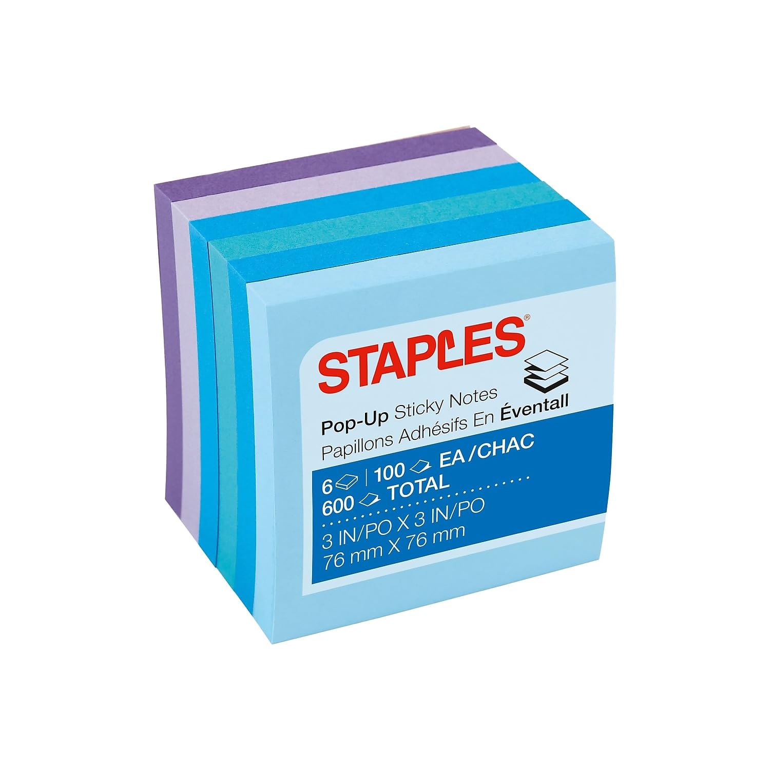 Staples Stickies 3' X 3' Assorted Watercolor Pop-Up Notes, 6/Pack Of 100= 600 Notes Pads
