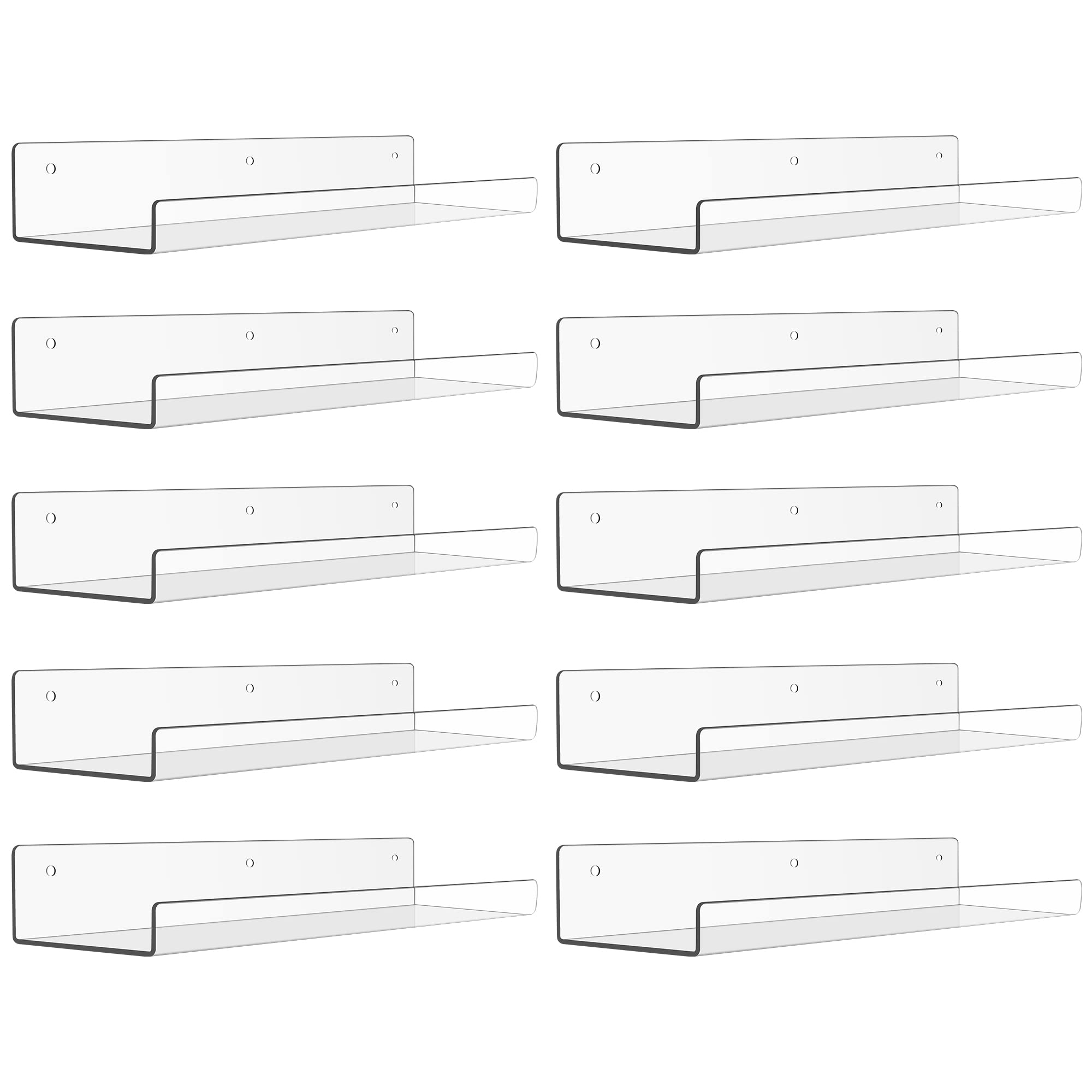 upsimples 10 Pack Acrylic Shelves for Wall Storage, 15 Floating Bookshelves for Kids, Display Shelf Organizer for Bathroom, Bedr