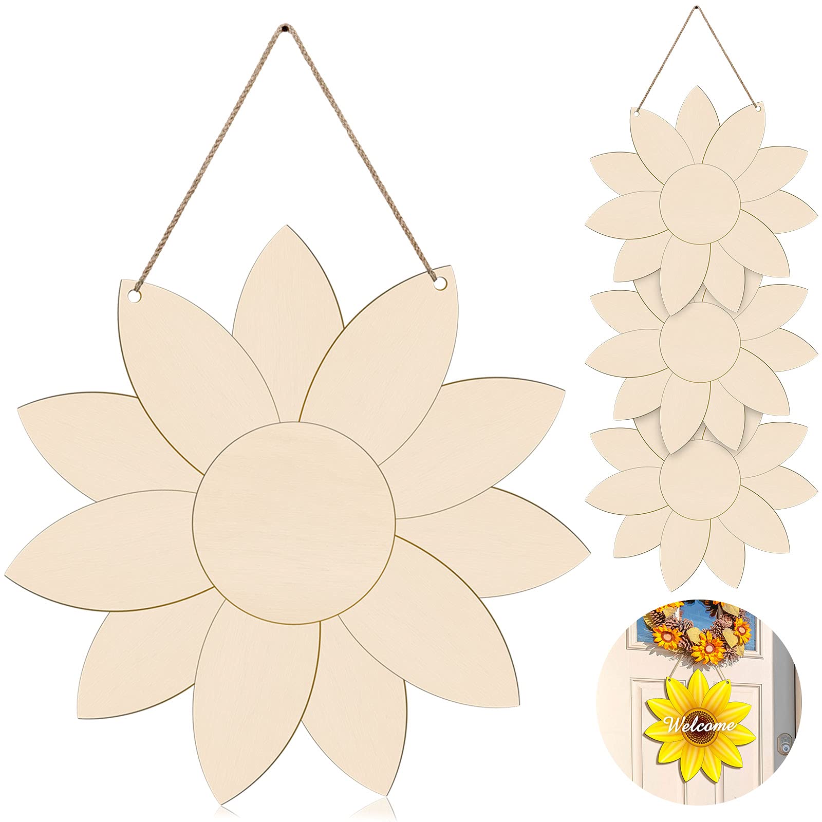 Unfinished Sunflower Wood Cutout Sunflower Sign Cutouts Sunflower Wood Door Hanger with 2.2 Yards Natural Rope for DIY Painting 