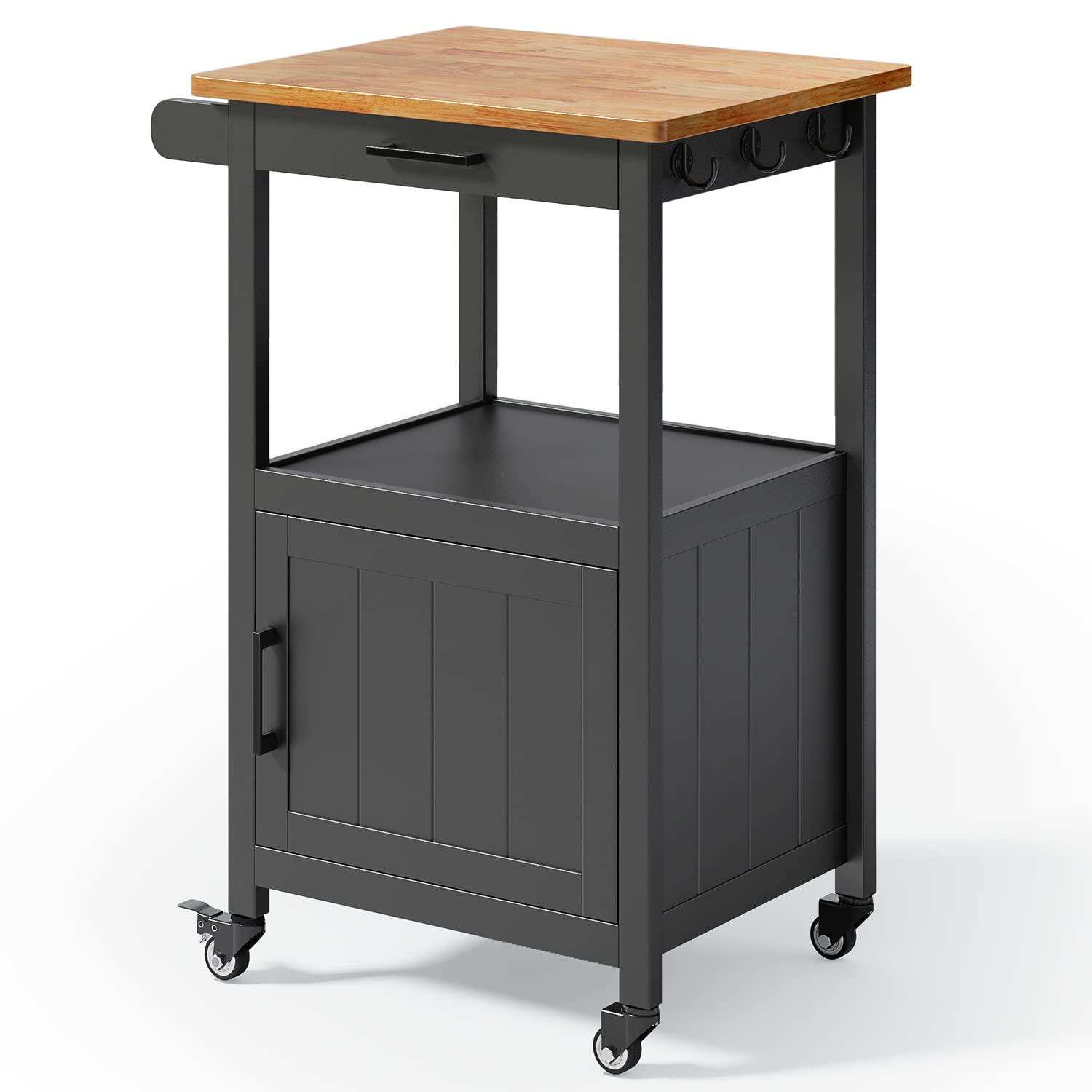 Qsun Kitchen Island Cart on Wheels with Drawer, Storage Cabinet, Shelf and Side Hook, Rolling Kitchen Cart with Rubber Wood Coun