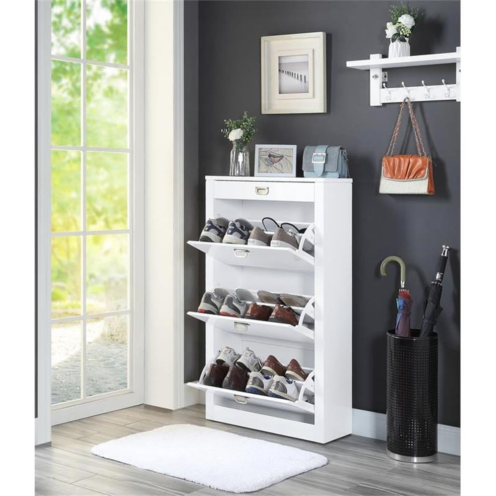 Acme Pagan Wooden Shoe Cabinet with Drawer in White High Gloss