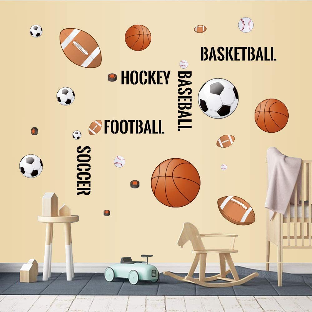 Supzone Sport Balls Wall Stickers Boys Wall Decals Basketball Soccer Baseball Football Hockey Wall Decor Boys Playroom Bedroom C